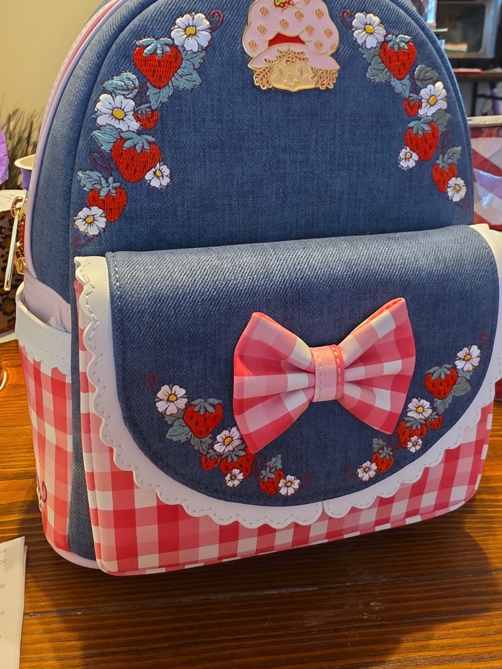 Loungefly Pink Gingham & Denim Strawberry Shortcake Mini Backpack - Picture 2 of 4